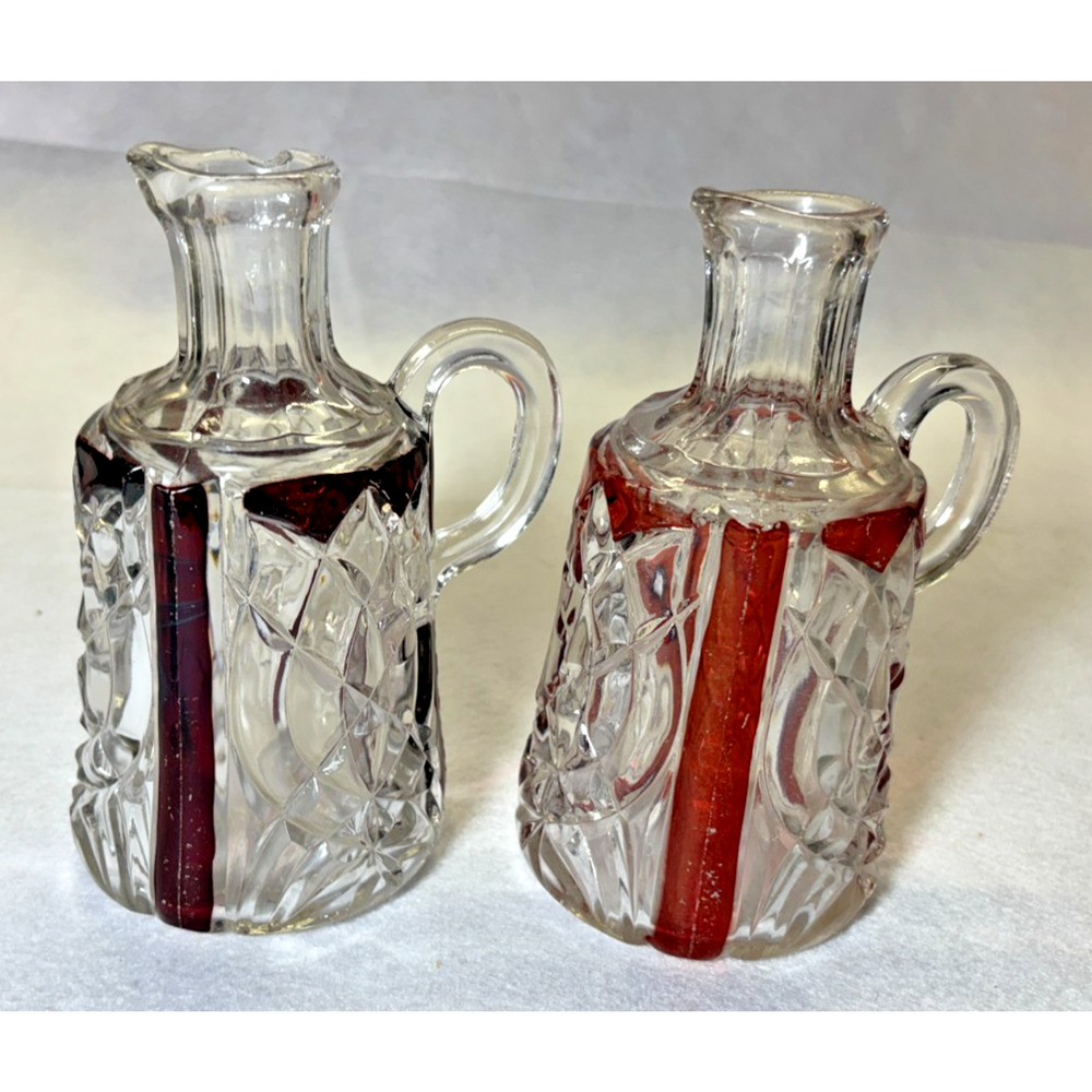 Red Flash Cut Glass Creamer Pitcher Lot Of 2 Vintage Ruby Cut To Clear Glass